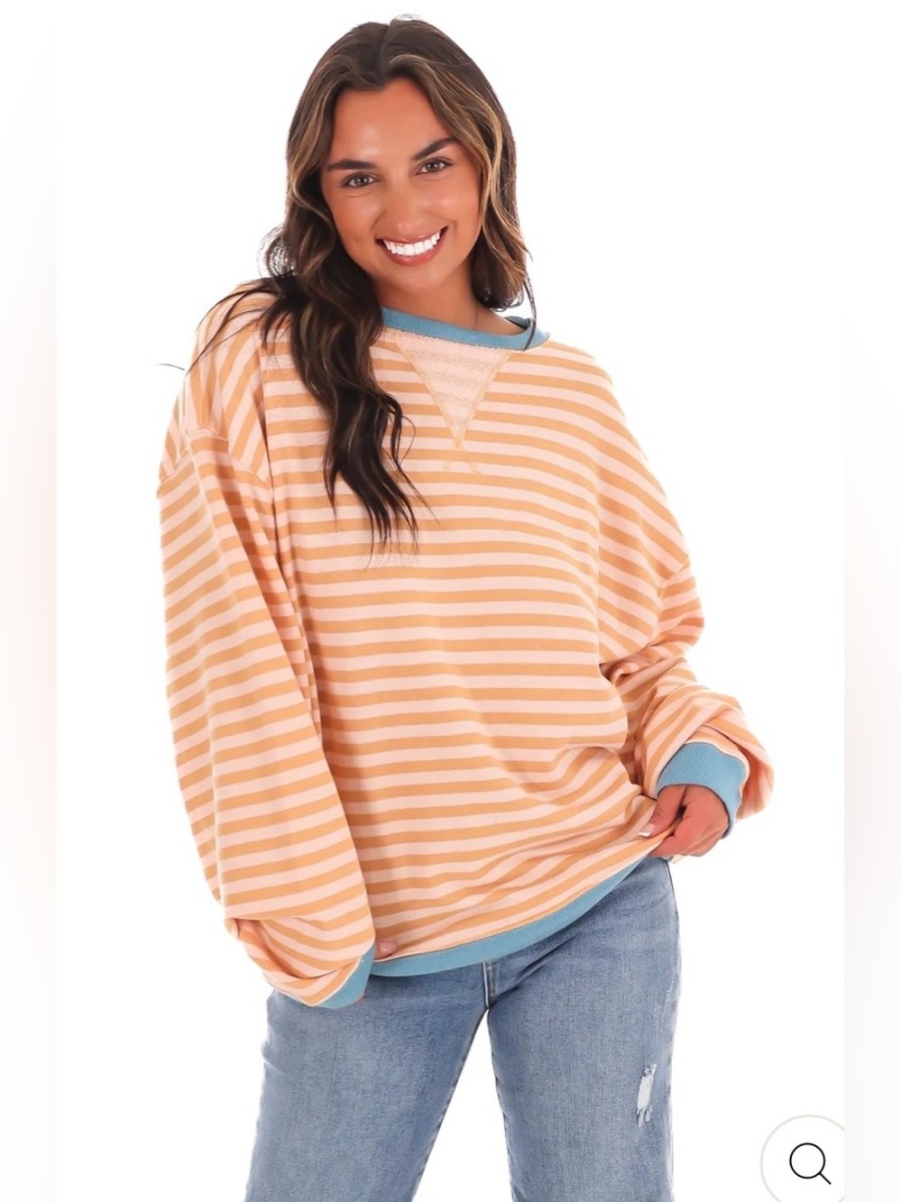 We The Free Classic Striped Oversized Crewneck Latte Combo Sweatshirt